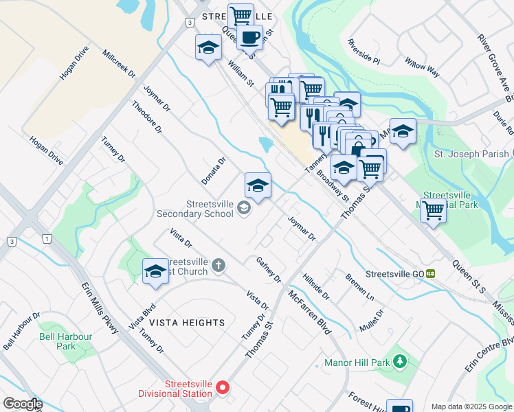 map of restaurants, bars, coffee shops, grocery stores, and more near 72 Joymar Drive in Mississauga