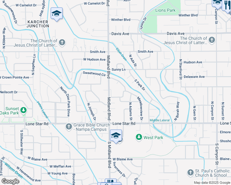 map of restaurants, bars, coffee shops, grocery stores, and more near 54 North Benewah Circle in Nampa