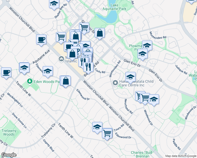 map of restaurants, bars, coffee shops, grocery stores, and more near in Mississauga