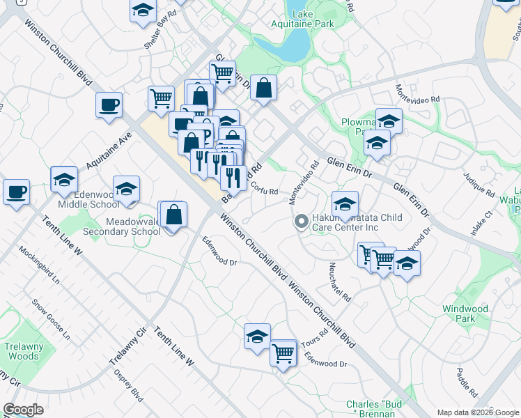 map of restaurants, bars, coffee shops, grocery stores, and more near in Mississauga