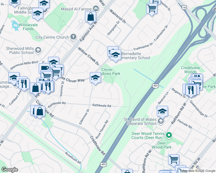 map of restaurants, bars, coffee shops, grocery stores, and more near 4443 Violet Road in Mississauga