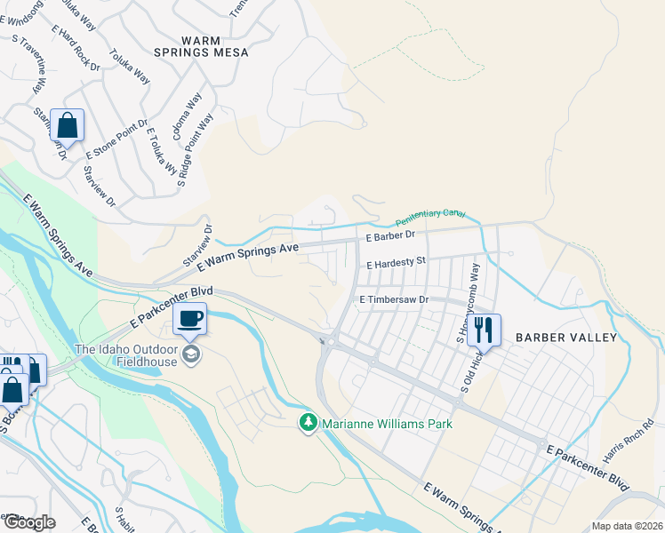 map of restaurants, bars, coffee shops, grocery stores, and more near 3609 East Warm Springs Avenue in Boise
