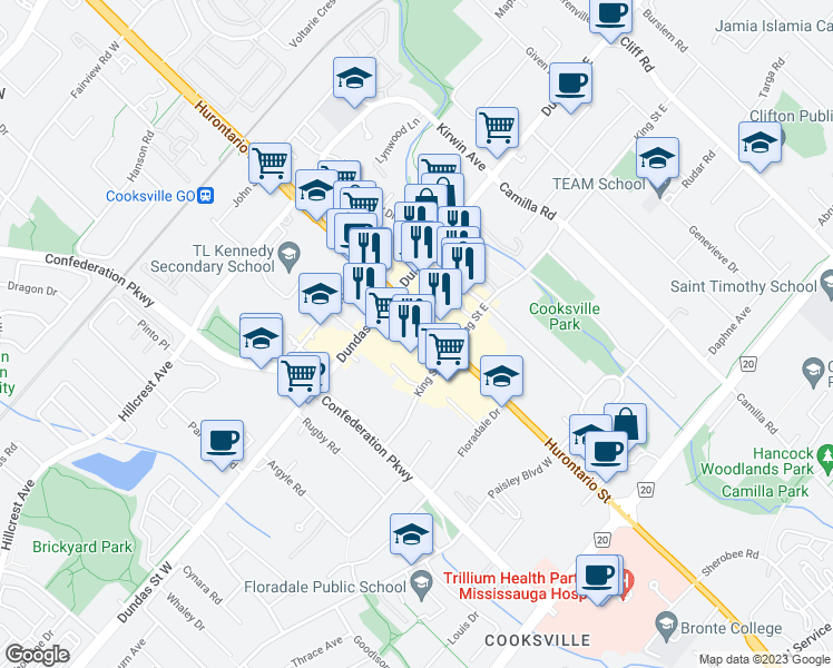 map of restaurants, bars, coffee shops, grocery stores, and more near 2580 Hurontario Street in Mississauga
