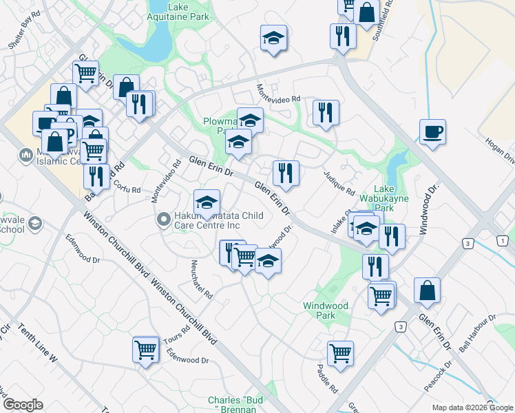 map of restaurants, bars, coffee shops, grocery stores, and more near 6350 Atherly Crescent in Mississauga