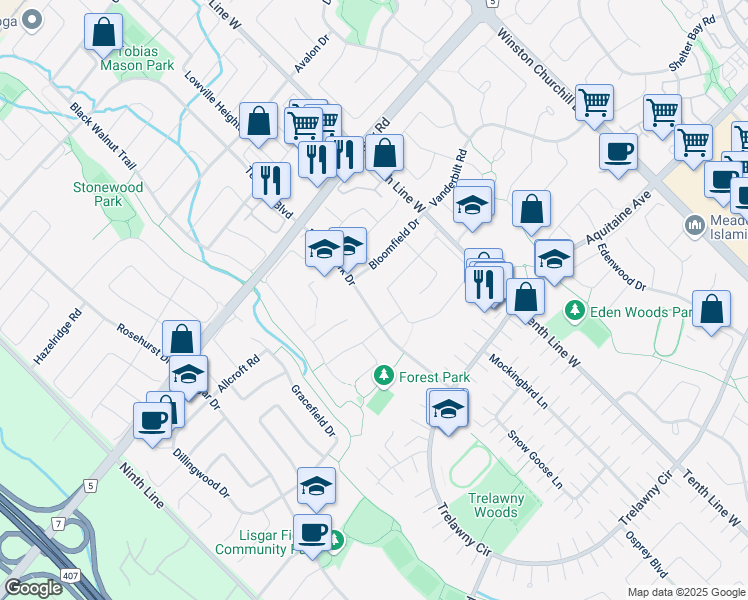 map of restaurants, bars, coffee shops, grocery stores, and more near 6877 Forest Park Drive in Mississauga
