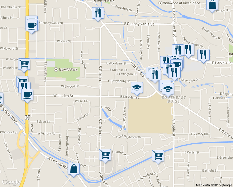 map of restaurants, bars, coffee shops, grocery stores, and more near 2551 South Falling Brook Lane in Boise