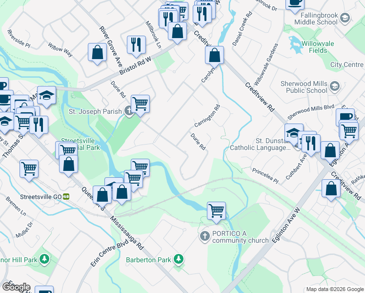 map of restaurants, bars, coffee shops, grocery stores, and more near in Mississauga