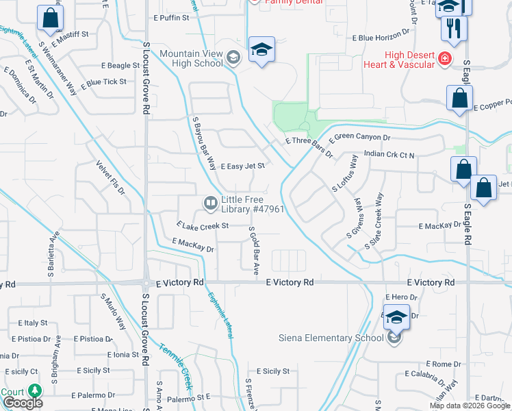 map of restaurants, bars, coffee shops, grocery stores, and more near 2177 East Horse Creek Court in Meridian
