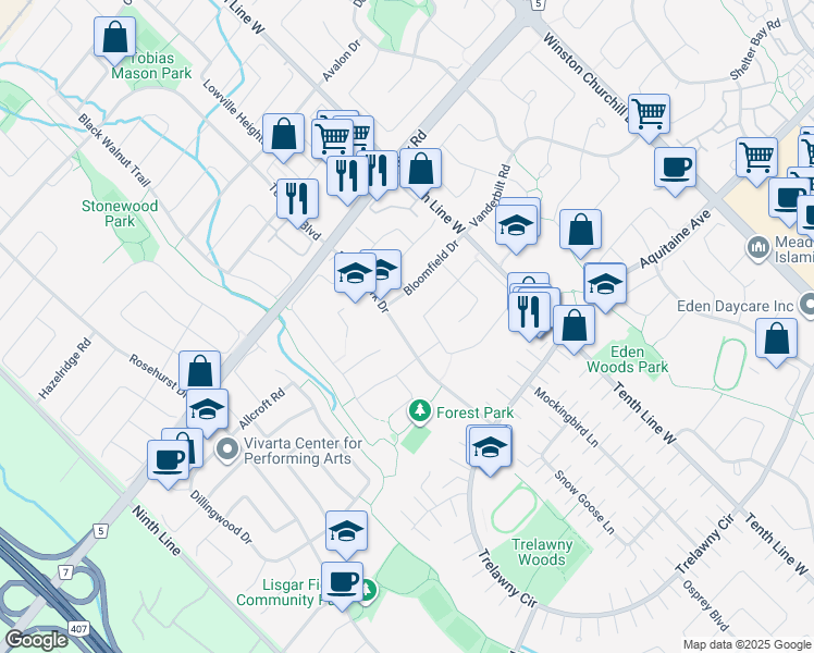 map of restaurants, bars, coffee shops, grocery stores, and more near 6881 Forest Park Drive in Mississauga