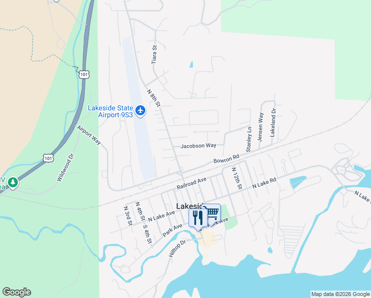 map of restaurants, bars, coffee shops, grocery stores, and more near 829 Jacobson Way in Lakeside