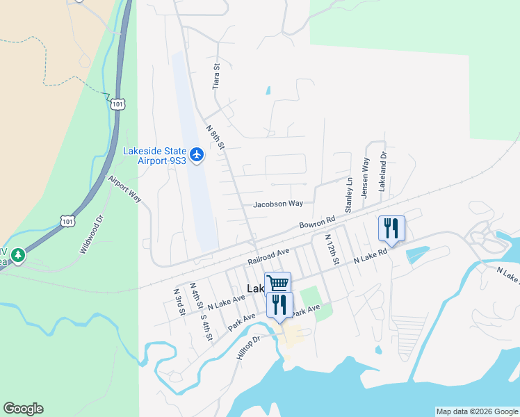 map of restaurants, bars, coffee shops, grocery stores, and more near 820 Jacobson Way in Lakeside