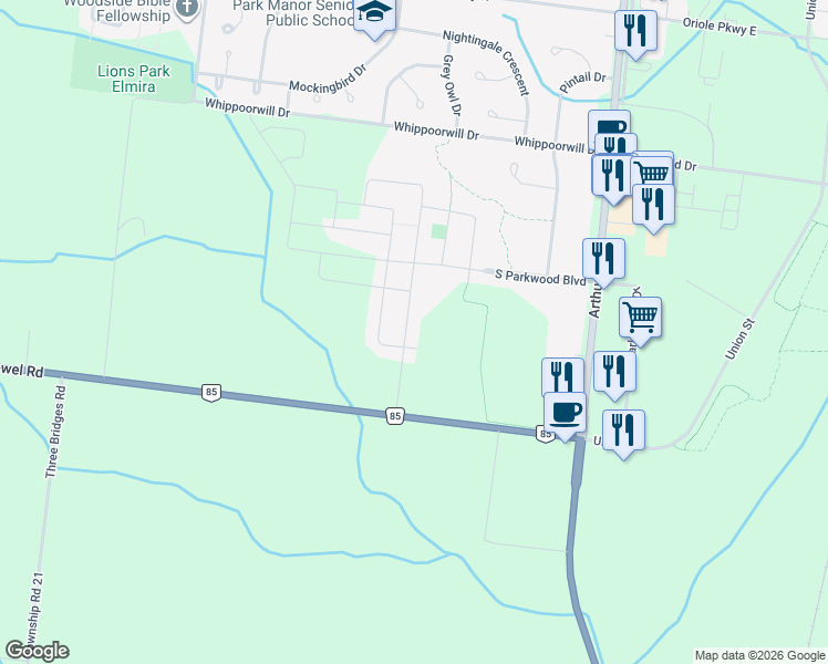 map of restaurants, bars, coffee shops, grocery stores, and more near 198 Timber Trail Road in Elmira