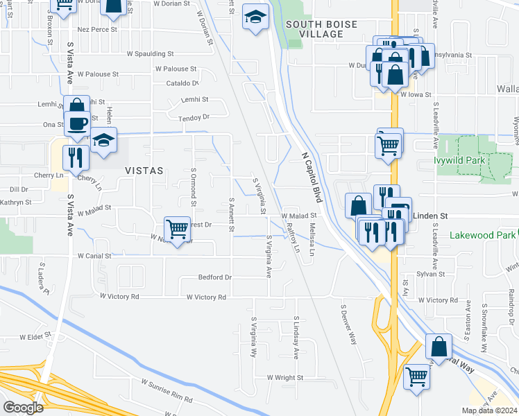 map of restaurants, bars, coffee shops, grocery stores, and more near 2531 Virginia Street in Boise