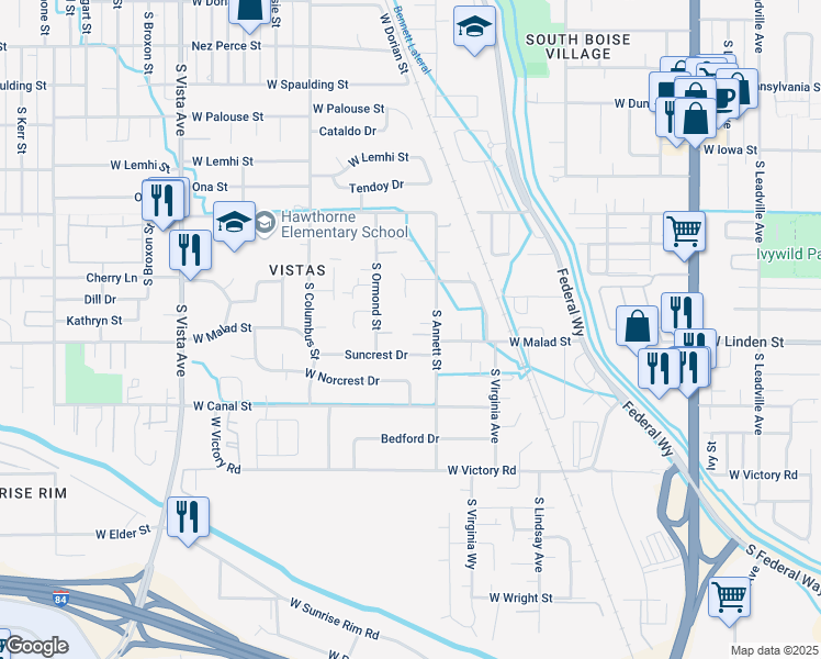 map of restaurants, bars, coffee shops, grocery stores, and more near 1876 Malad Lane in Boise