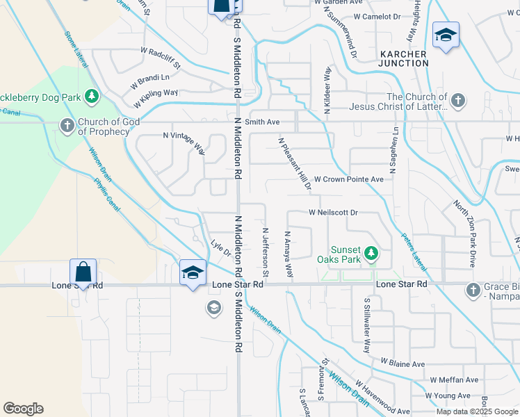 map of restaurants, bars, coffee shops, grocery stores, and more near 2425 Delaware Avenue in Nampa