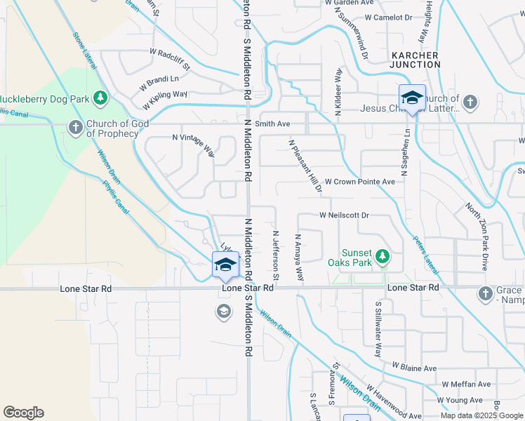 map of restaurants, bars, coffee shops, grocery stores, and more near 2425 Delaware Avenue in Nampa