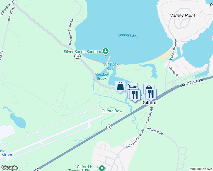 map of restaurants, bars, coffee shops, grocery stores, and more near 73 New Hampshire 11B in Gilford