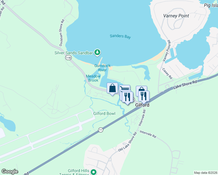 map of restaurants, bars, coffee shops, grocery stores, and more near 73 New Hampshire 11B in Gilford