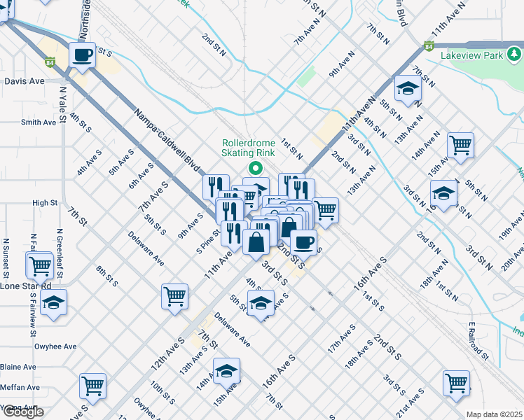 map of restaurants, bars, coffee shops, grocery stores, and more near 101 11th Avenue South in Nampa