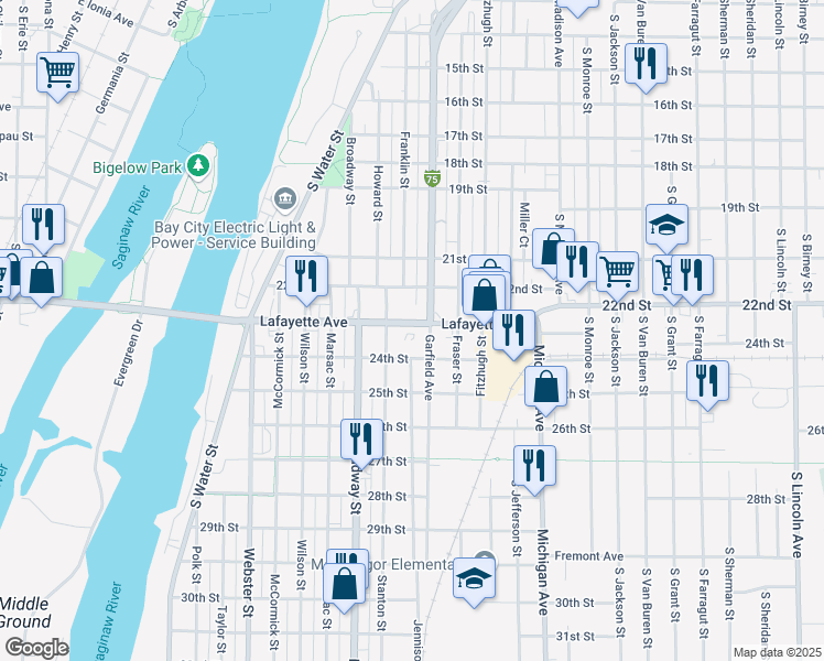 map of restaurants, bars, coffee shops, grocery stores, and more near 610 Lafayette Avenue in Bay City