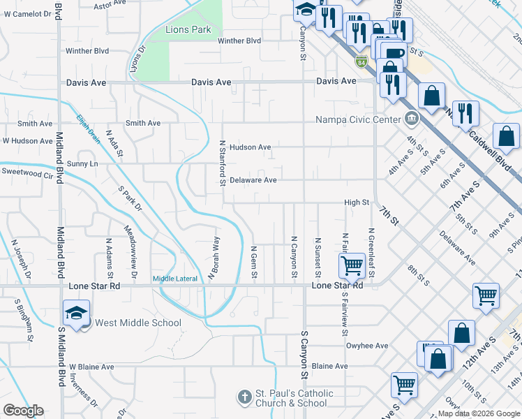 map of restaurants, bars, coffee shops, grocery stores, and more near 227 High Street in Nampa