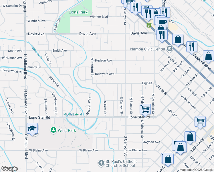 map of restaurants, bars, coffee shops, grocery stores, and more near 45 Barritz Court in Nampa
