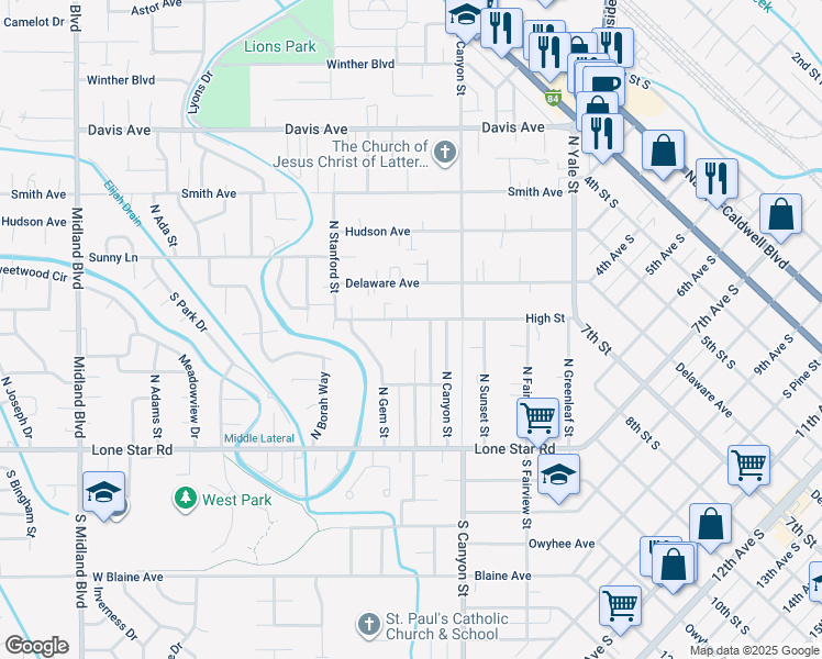 map of restaurants, bars, coffee shops, grocery stores, and more near 227 High Street in Nampa