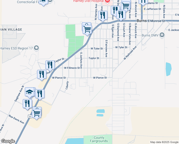 map of restaurants, bars, coffee shops, grocery stores, and more near 745 South Imperial Avenue in Burns