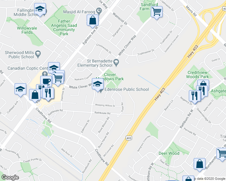 map of restaurants, bars, coffee shops, grocery stores, and more near 4443 Violet Road in Mississauga