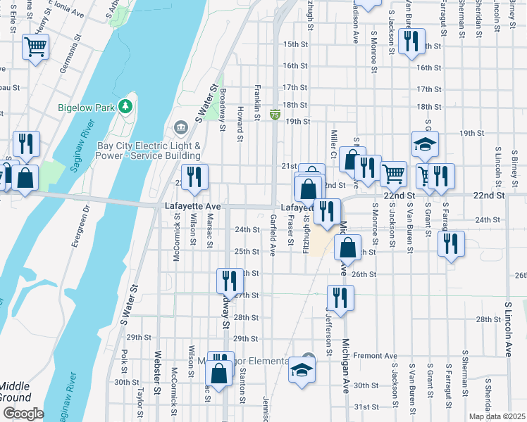 map of restaurants, bars, coffee shops, grocery stores, and more near 610 Lafayette Avenue in Bay City