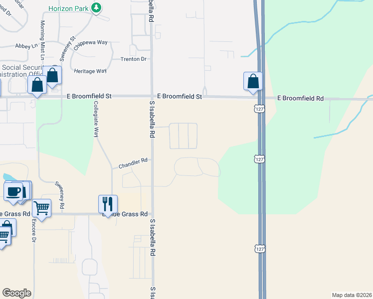 map of restaurants, bars, coffee shops, grocery stores, and more near 5100 North Eaglecrest Drive in Mount Pleasant