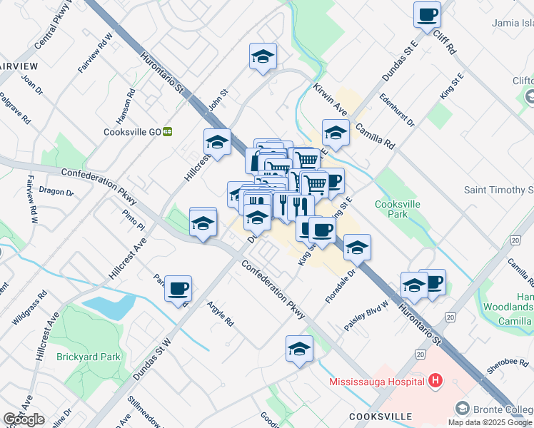 map of restaurants, bars, coffee shops, grocery stores, and more near in Mississauga