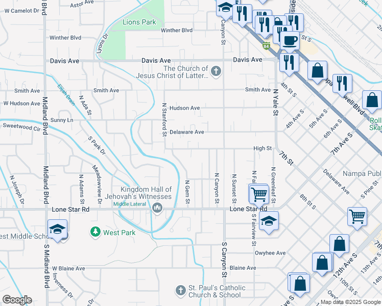 map of restaurants, bars, coffee shops, grocery stores, and more near 43 Barritz Court in Nampa