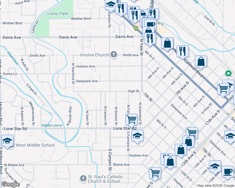 map of restaurants, bars, coffee shops, grocery stores, and more near 141 High Street in Nampa