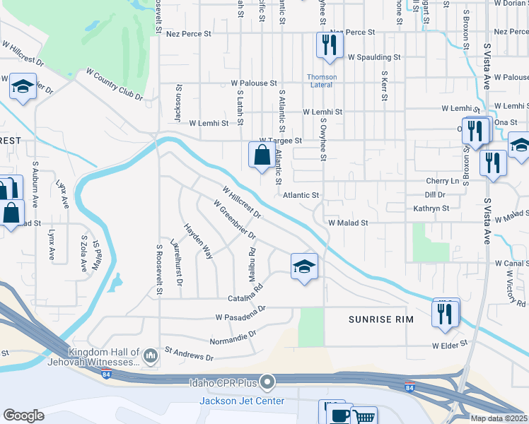 map of restaurants, bars, coffee shops, grocery stores, and more near 3702 West Hillcrest Drive in Boise