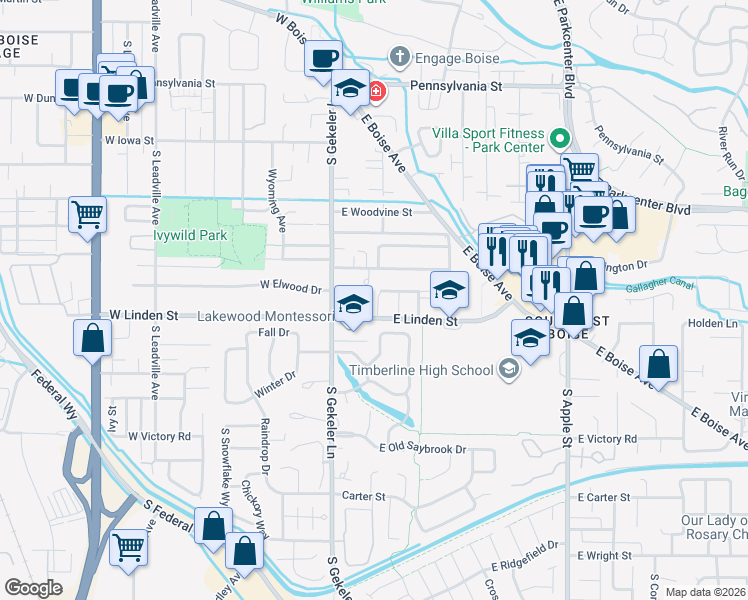 map of restaurants, bars, coffee shops, grocery stores, and more near 2551 South Falling Brook Lane in Boise
