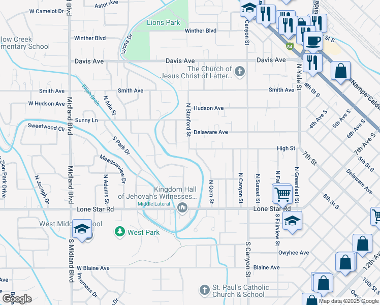 map of restaurants, bars, coffee shops, grocery stores, and more near 265 High Street in Nampa