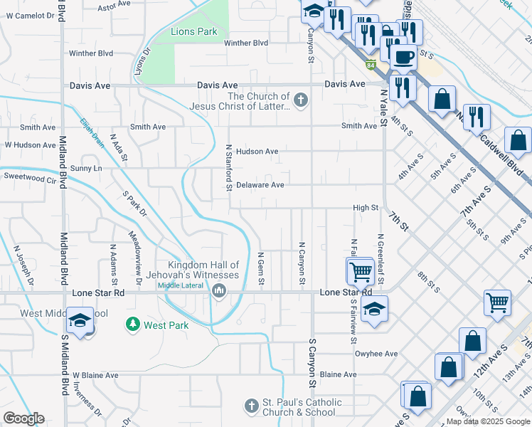 map of restaurants, bars, coffee shops, grocery stores, and more near 41 Barritz Court in Nampa