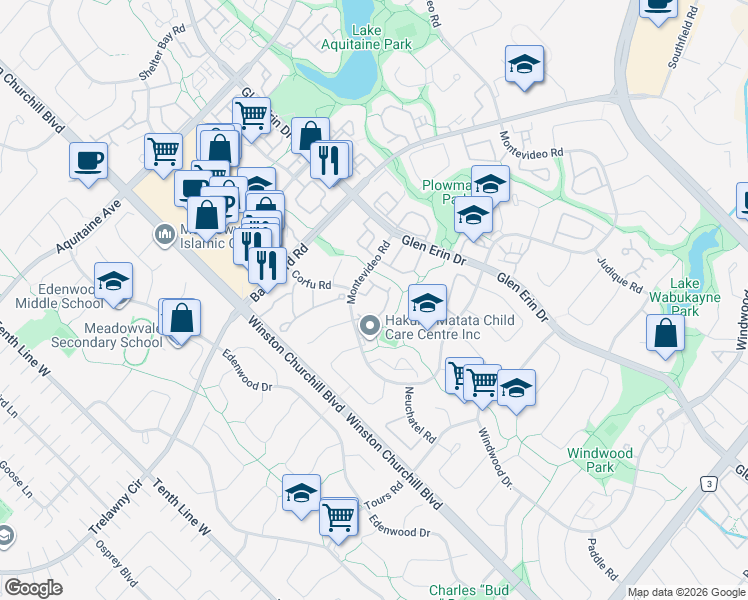 map of restaurants, bars, coffee shops, grocery stores, and more near in Mississauga