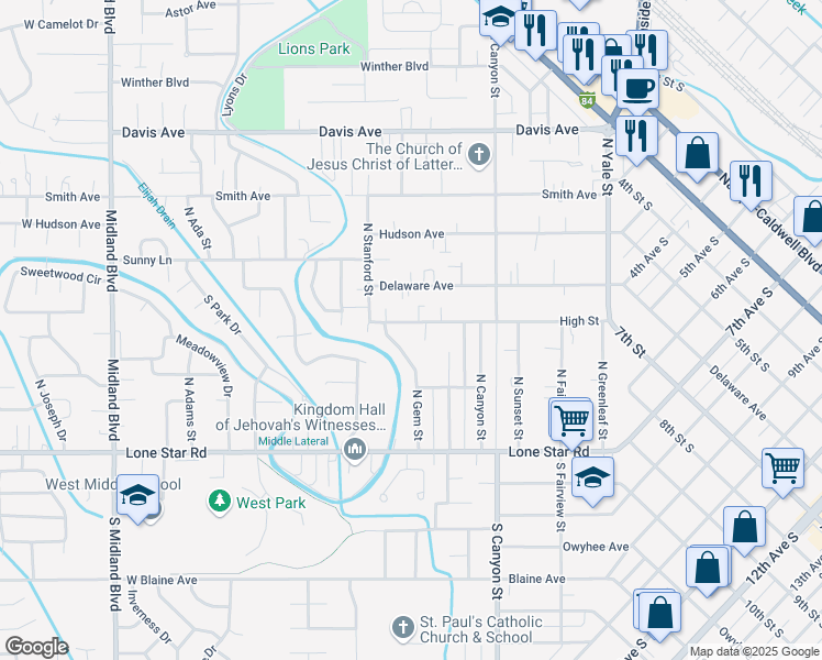 map of restaurants, bars, coffee shops, grocery stores, and more near 241 High Street in Nampa