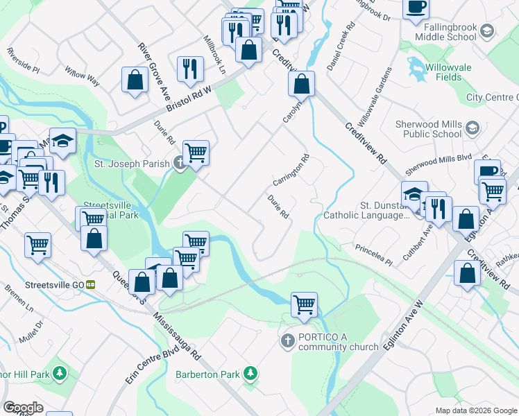 map of restaurants, bars, coffee shops, grocery stores, and more near in Mississauga