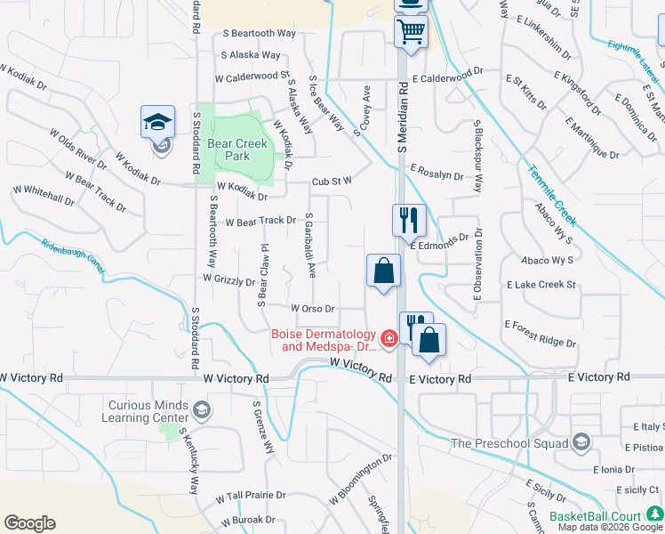 map of restaurants, bars, coffee shops, grocery stores, and more near 301 West Whitehall Drive in Meridian
