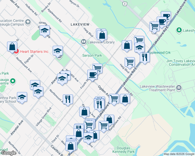 map of restaurants, bars, coffee shops, grocery stores, and more near 1102 Strathy Avenue in Mississauga