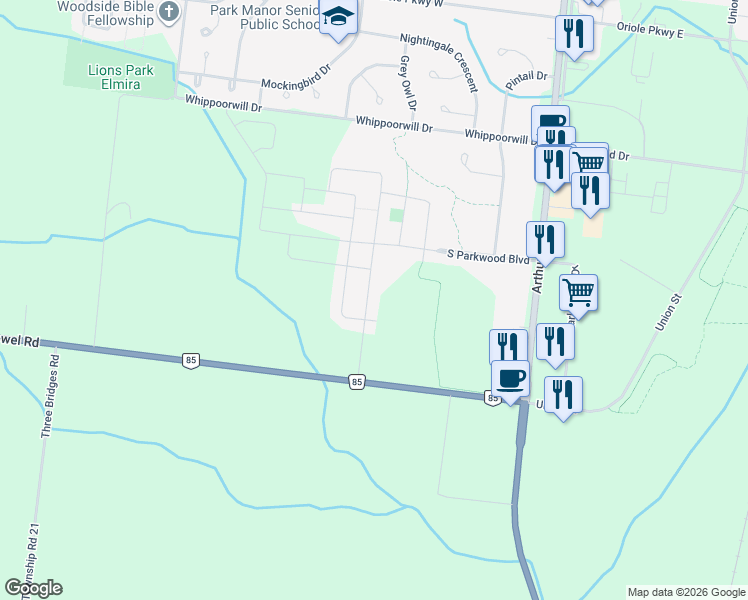 map of restaurants, bars, coffee shops, grocery stores, and more near 198 Timber Trail Road in Elmira