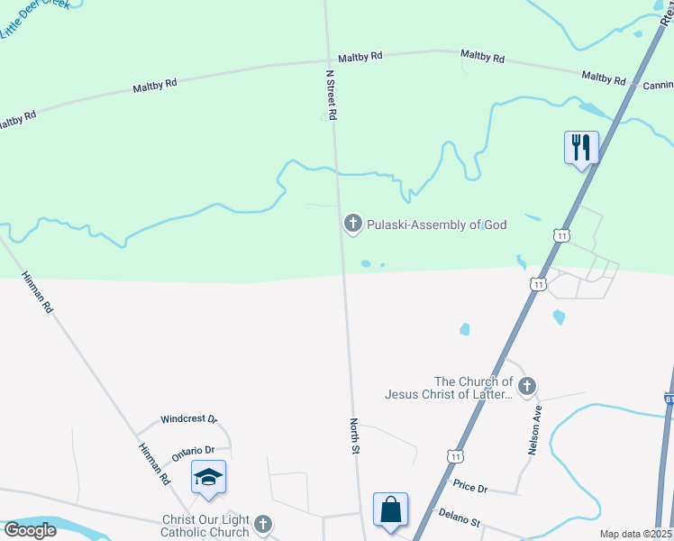 map of restaurants, bars, coffee shops, grocery stores, and more near 145 County Route 62 in Pulaski