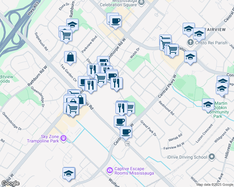 map of restaurants, bars, coffee shops, grocery stores, and more near 3900 Grand Park Drive in Mississauga