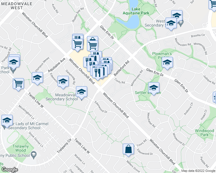 map of restaurants, bars, coffee shops, grocery stores, and more near 2900 Battleford Road in Mississauga