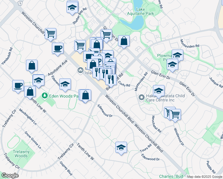 map of restaurants, bars, coffee shops, grocery stores, and more near 2900 Battleford Road in Mississauga