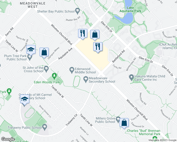 map of restaurants, bars, coffee shops, grocery stores, and more near 3034 Runcorn Row in Mississauga