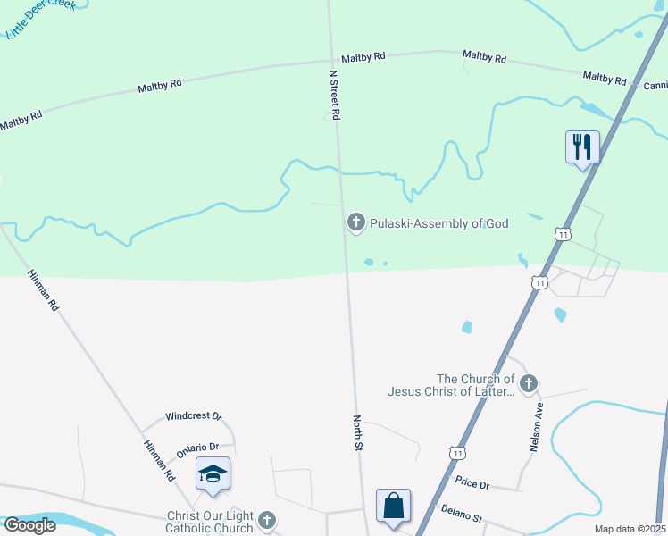 map of restaurants, bars, coffee shops, grocery stores, and more near 145 County Route 62 in Pulaski